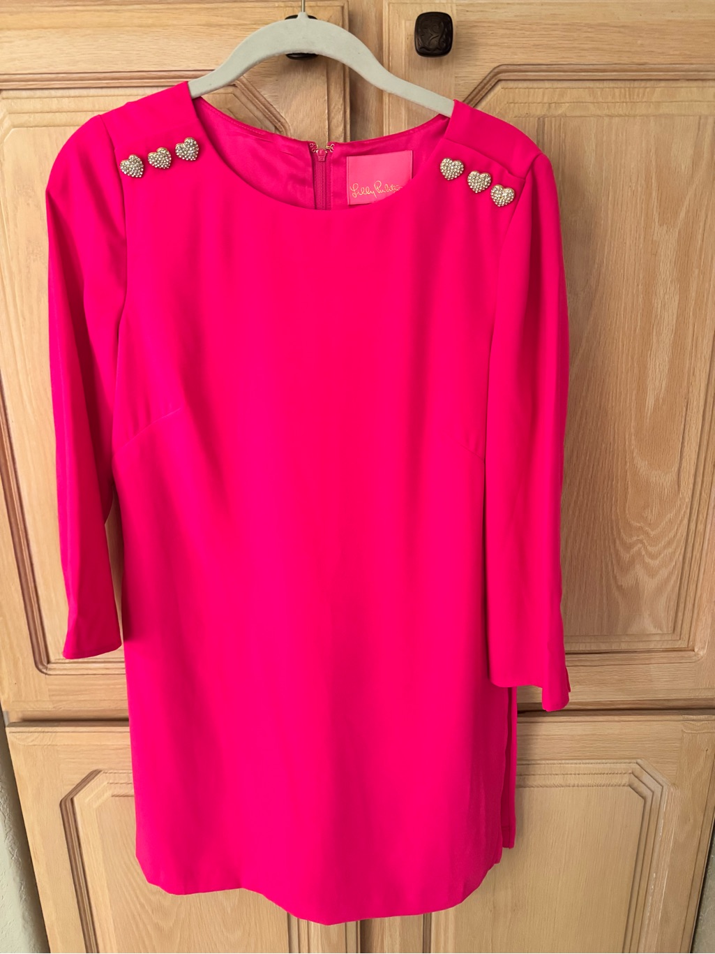 Bright Pink Shift Dress With Heart Embellishments